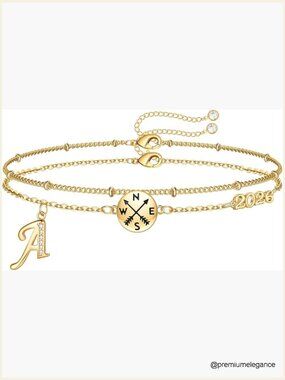 14K Gold Plated Initial Compass Bracelet Graduation Gift 2026